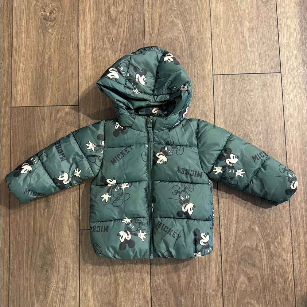 H&M Green Mickey Cartoon Puffer Jacket - Kids